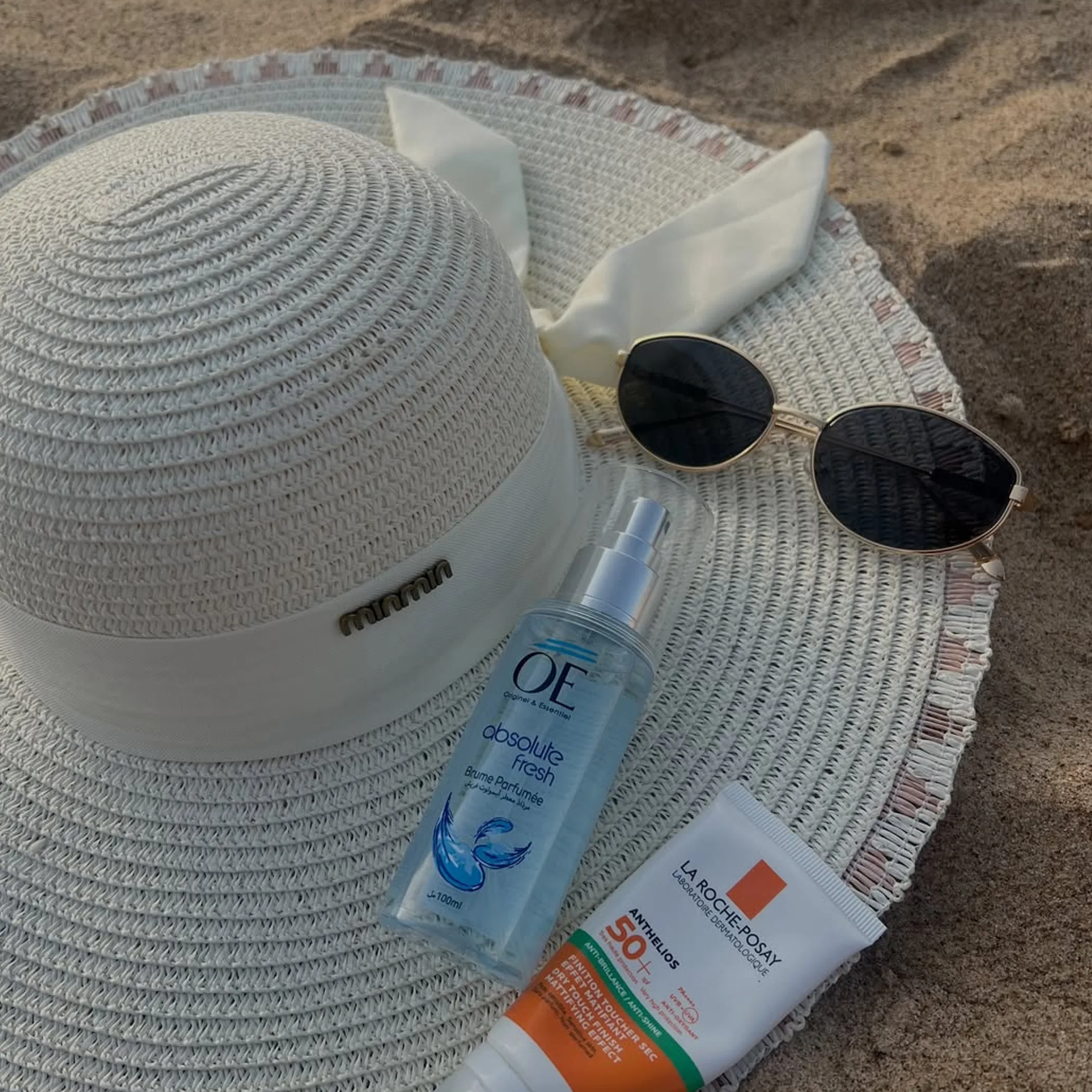 sun protection and skincare items on hat